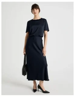 Basque Satin Midi Skirt in Navy