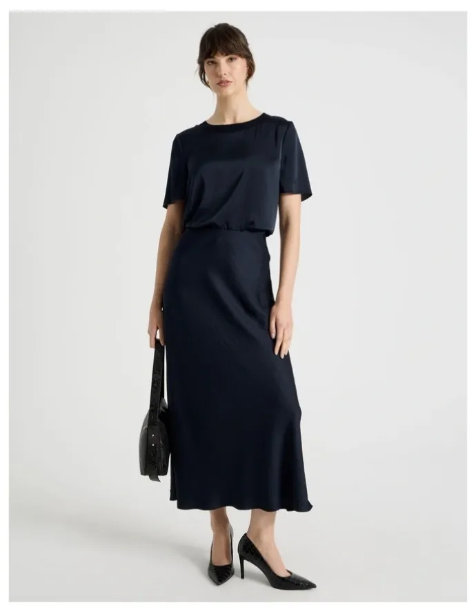 Basque Satin Midi Skirt in Navy