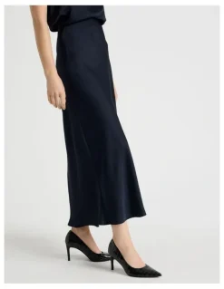 Basque Satin Midi Skirt in Navy