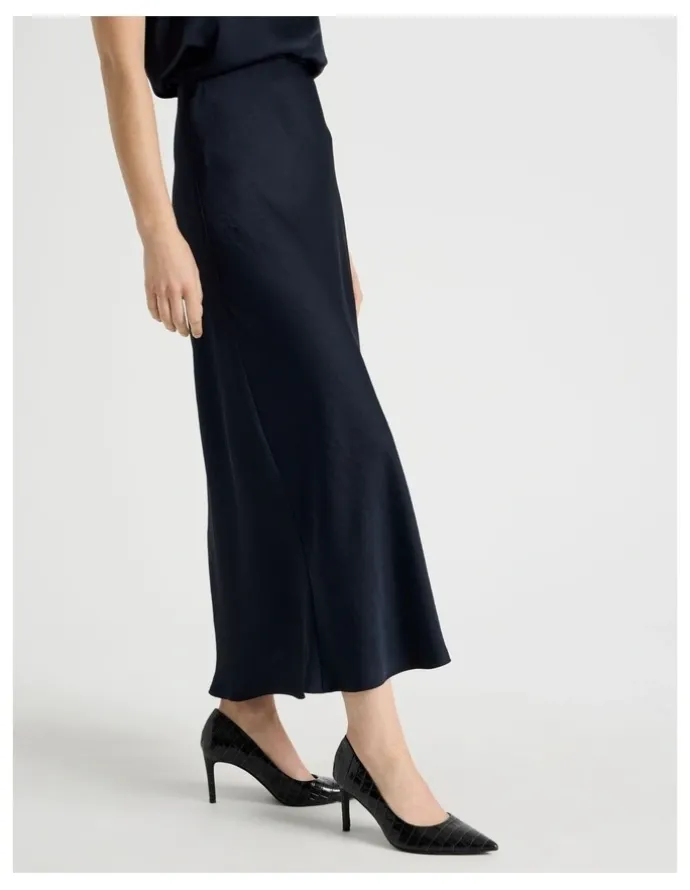 Basque Satin Midi Skirt in Navy