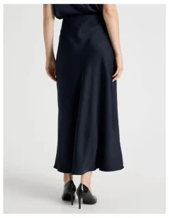 Basque Satin Midi Skirt in Navy