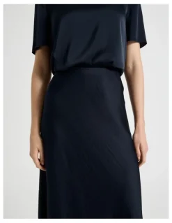 Basque Satin Midi Skirt in Navy