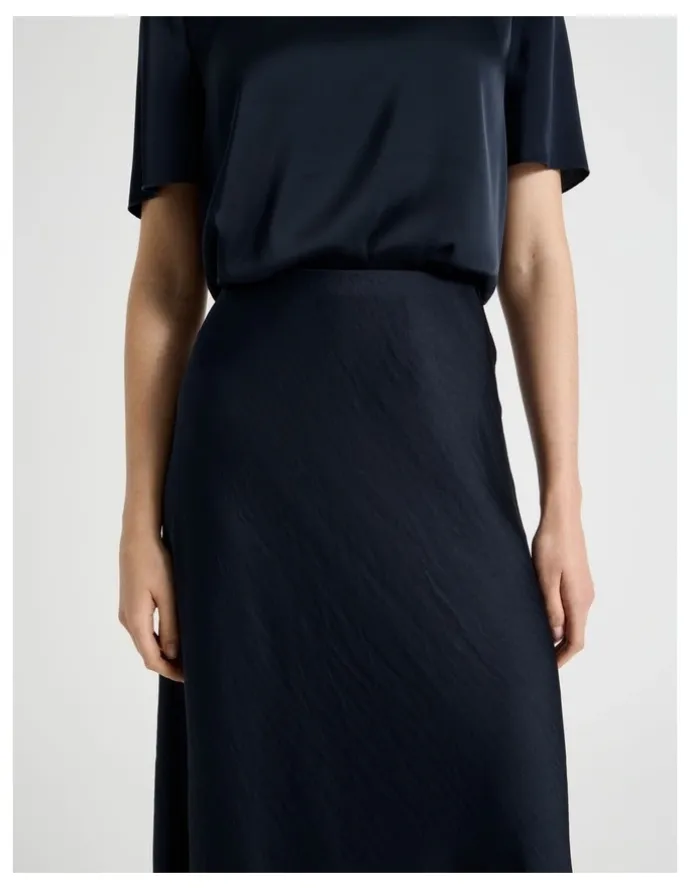 Basque Satin Midi Skirt in Navy