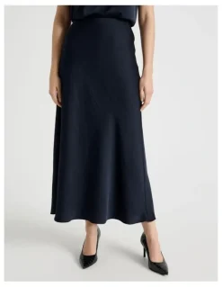 Basque Satin Midi Skirt in Navy