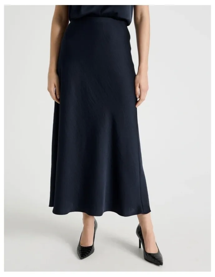 Basque Satin Midi Skirt in Navy
