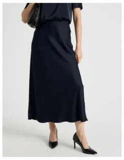Basque Satin Midi Skirt in Navy
