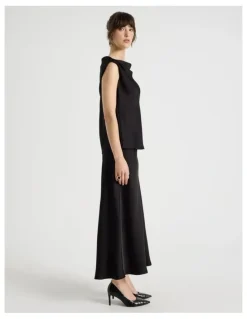 Basque Satin Midi Skirt in Black