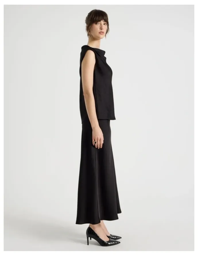 Basque Satin Midi Skirt in Black
