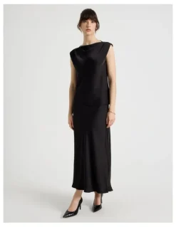 Basque Satin Midi Skirt in Black
