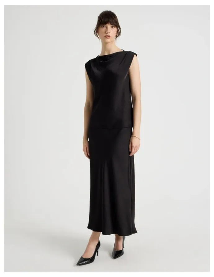 Basque Satin Midi Skirt in Black