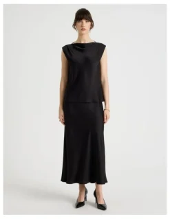 Basque Satin Midi Skirt in Black