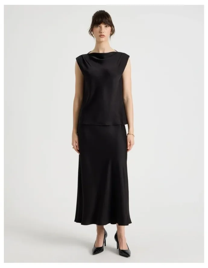 Basque Satin Midi Skirt in Black