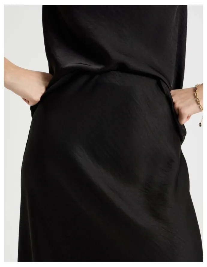 Basque Satin Midi Skirt in Black