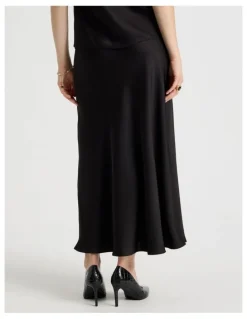 Basque Satin Midi Skirt in Black