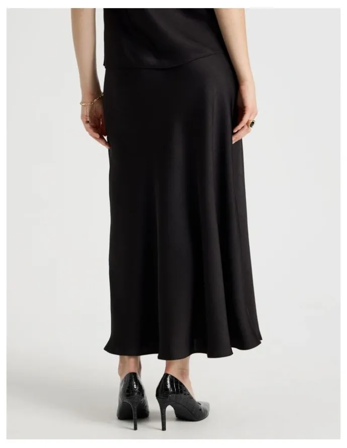 Basque Satin Midi Skirt in Black