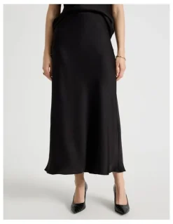 Basque Satin Midi Skirt in Black