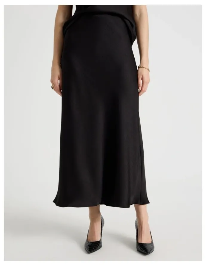 Basque Satin Midi Skirt in Black