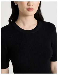Basque Short Sleeve Double Layer Knit Tee in Black