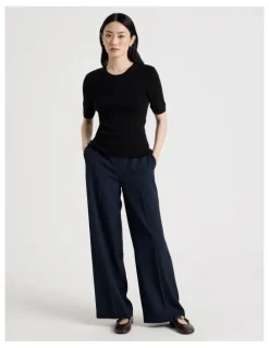 Basque Short Sleeve Double Layer Knit Tee in Black
