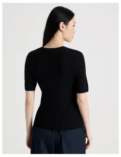 Basque Short Sleeve Double Layer Knit Tee in Black
