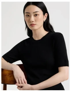 Basque Short Sleeve Double Layer Knit Tee in Black
