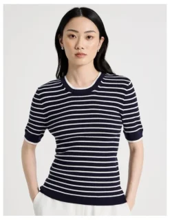 Basque Short Sleeve Double Layer Knit Tee in Navy and White Stripe