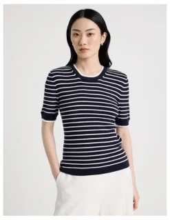 Basque Short Sleeve Double Layer Knit Tee in Navy and White Stripe