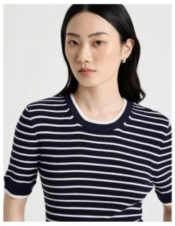 Basque Short Sleeve Double Layer Knit Tee in Navy and White Stripe