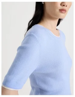 Basque Short Sleeve Double Layer Knit Tee in Light Blue