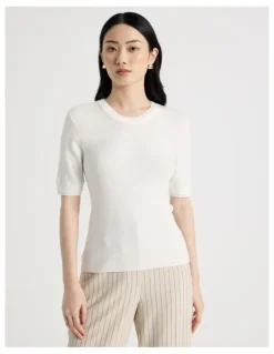 Basque Short Sleeve Double Layer Knit Tee in White