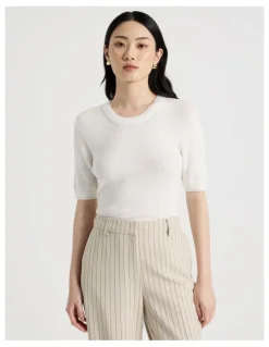 Basque Short Sleeve Double Layer Knit Tee in White