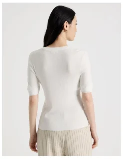 Basque Short Sleeve Double Layer Knit Tee in White