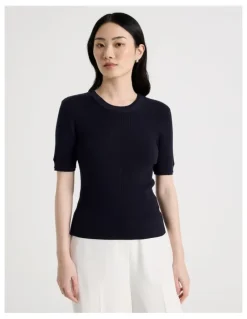 Basque Short Sleeve Double Layer Knit Tee in Navy