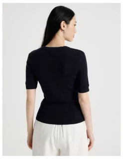 Basque Short Sleeve Double Layer Knit Tee in Navy