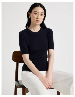 Basque Short Sleeve Double Layer Knit Tee in Navy