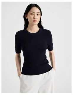 Basque Short Sleeve Double Layer Knit Tee in Navy