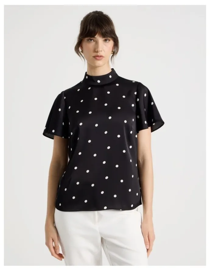 Basque Short Sleeve High Neck Satin Top in Black and White Polka Dot