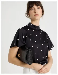 Basque Short Sleeve High Neck Satin Top in Black and White Polka Dot