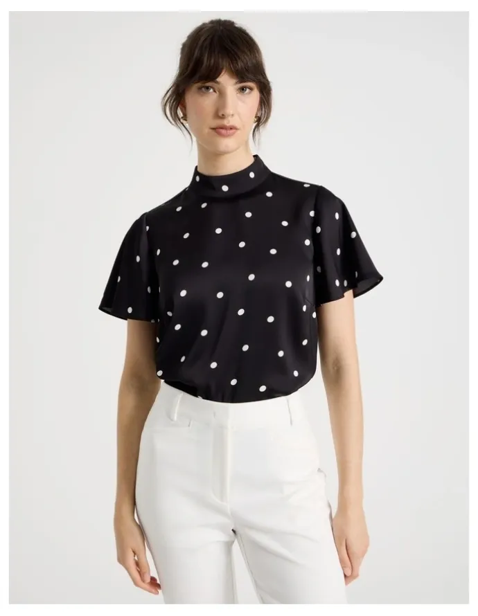 Basque Short Sleeve High Neck Satin Top in Black and White Polka Dot