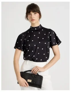 Basque Short Sleeve High Neck Satin Top in Black and White Polka Dot