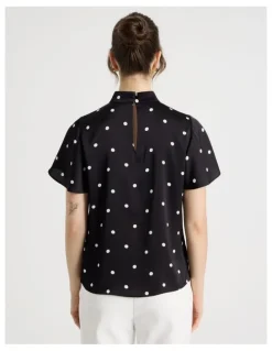 Basque Short Sleeve High Neck Satin Top in Black and White Polka Dot