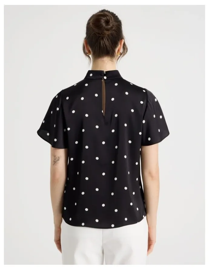 Basque Short Sleeve High Neck Satin Top in Black and White Polka Dot
