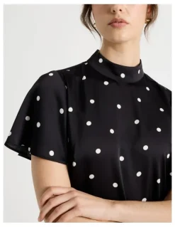 Basque Short Sleeve High Neck Satin Top in Black and White Polka Dot