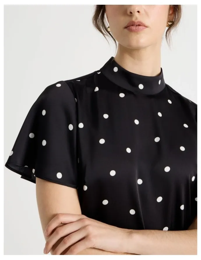Basque Short Sleeve High Neck Satin Top in Black and White Polka Dot