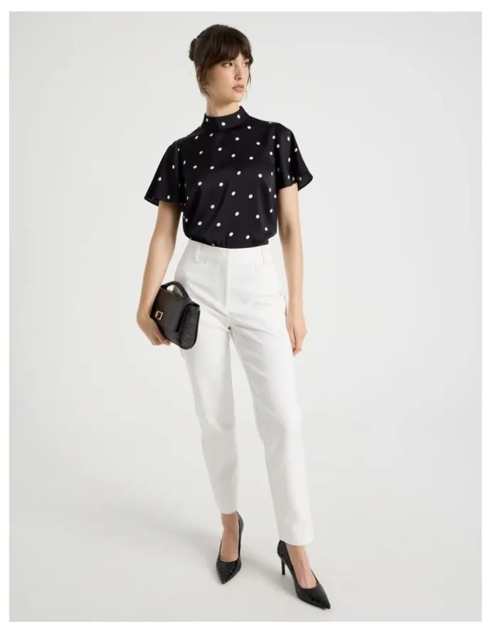 Basque Short Sleeve High Neck Satin Top in Black and White Polka Dot