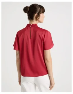 Basque Short Sleeve High Neck Satin Top in Red