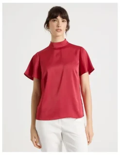 Basque Short Sleeve High Neck Satin Top in Red