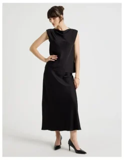 Basque Sleeveless Poly Satin Top in Black