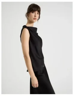 Basque Sleeveless Poly Satin Top in Black