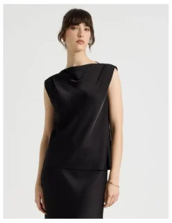 Basque Sleeveless Poly Satin Top in Black
